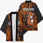 Personalized Wests Tigers Rugby Kimono Polynesian Tribal Tiger Warrior - Orange Black Art