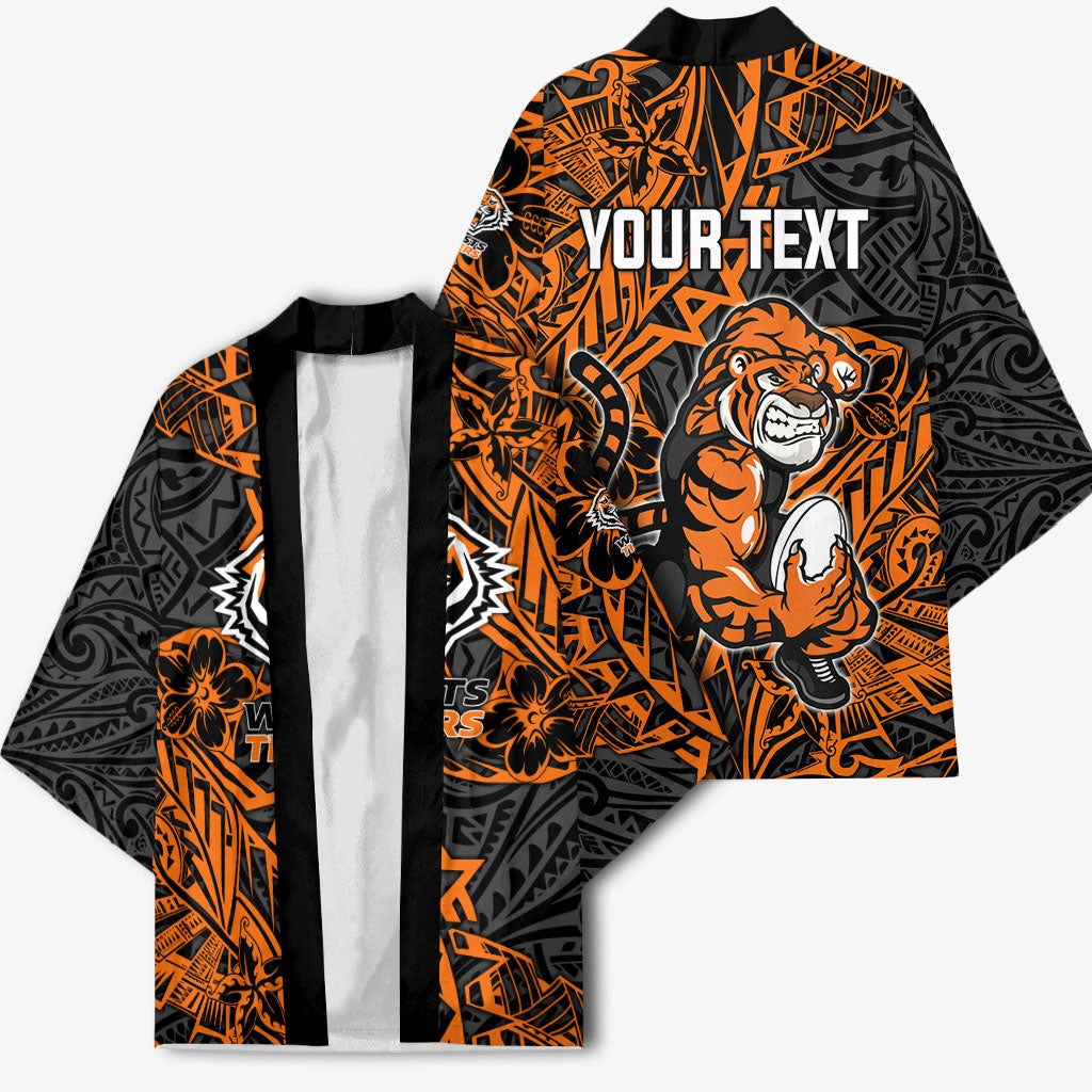 Personalized Wests Tigers Rugby Kimono Polynesian Tribal Tiger Warrior - Orange Black Art