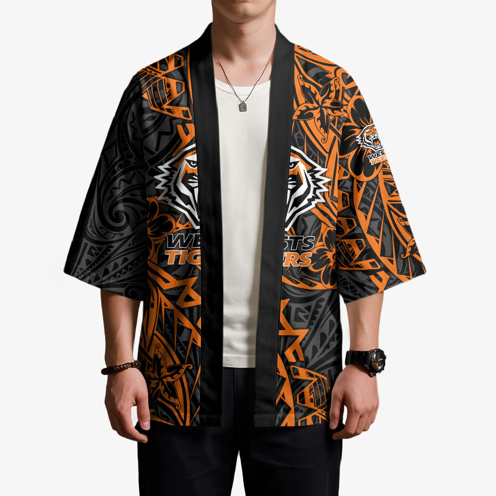 Personalized Wests Tigers Rugby Kimono Polynesian Tribal Tiger Warrior - Orange Black Art