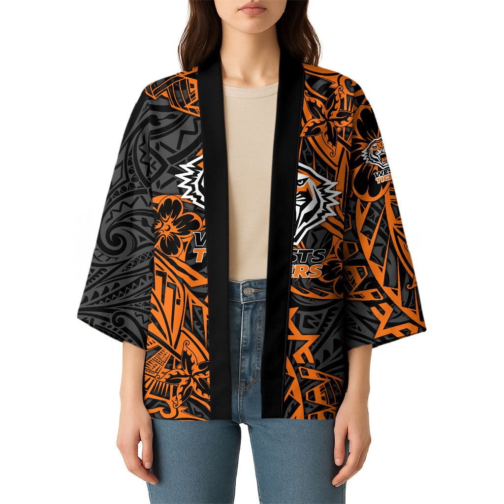 Personalized Wests Tigers Rugby Kimono Polynesian Tribal Tiger Warrior - Orange Black Art