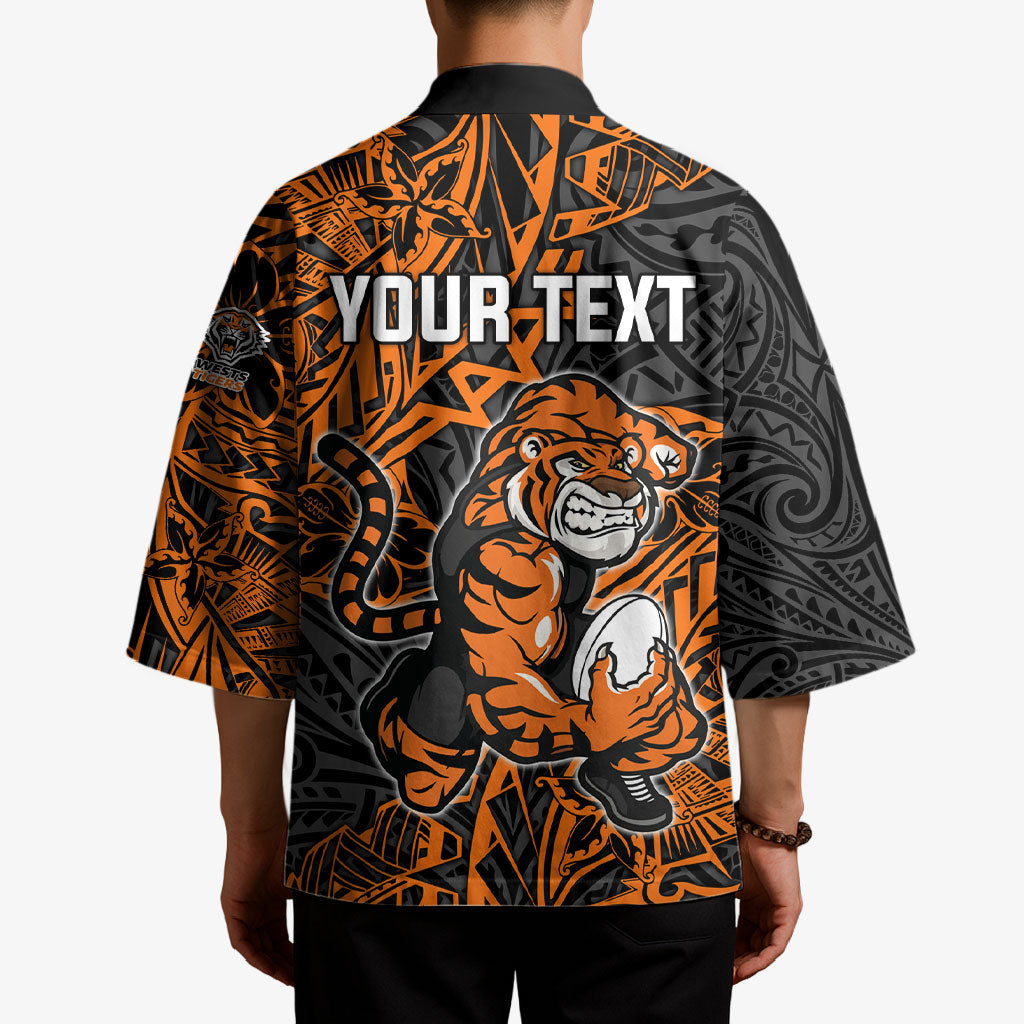 Personalized Wests Tigers Rugby Kimono Polynesian Tribal Tiger Warrior - Orange Black Art