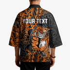 Personalized Wests Tigers Rugby Kimono Polynesian Tribal Tiger Warrior - Orange Black Art