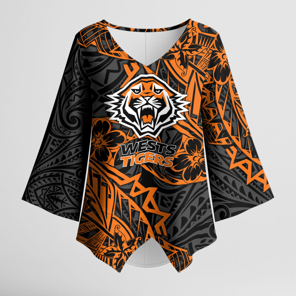 Personalized Wests Tigers Rugby Kimono Sleeve Blouse Polynesian Tribal Tiger Warrior - Orange Black Art