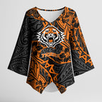 Personalized Wests Tigers Rugby Kimono Sleeve Blouse Polynesian Tribal Tiger Warrior - Orange Black Art