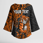 Personalized Wests Tigers Rugby Kimono Sleeve Blouse Polynesian Tribal Tiger Warrior - Orange Black Art