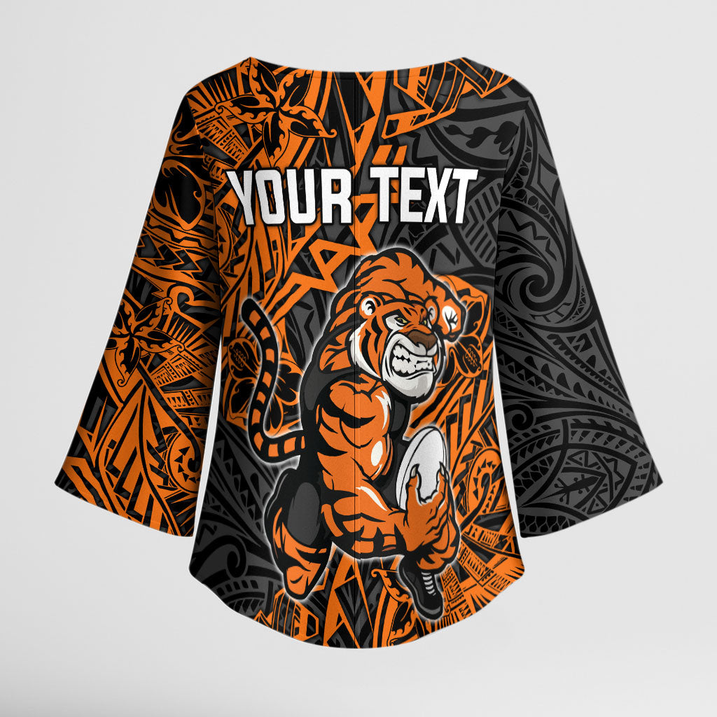 Personalized Wests Tigers Rugby Kimono Sleeve Blouse Polynesian Tribal Tiger Warrior - Orange Black Art