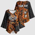 Personalized Wests Tigers Rugby Kimono Sleeve Blouse Polynesian Tribal Tiger Warrior - Orange Black Art