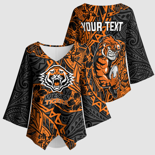 Personalized Wests Tigers Rugby Kimono Sleeve Blouse Polynesian Tribal Tiger Warrior - Orange Black Art