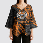 Personalized Wests Tigers Rugby Kimono Sleeve Blouse Polynesian Tribal Tiger Warrior - Orange Black Art