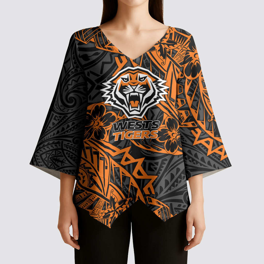 Personalized Wests Tigers Rugby Kimono Sleeve Blouse Polynesian Tribal Tiger Warrior - Orange Black Art