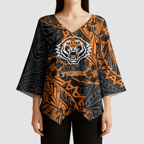 Personalized Wests Tigers Rugby Kimono Sleeve Blouse Polynesian Tribal Tiger Warrior - Orange Black Art