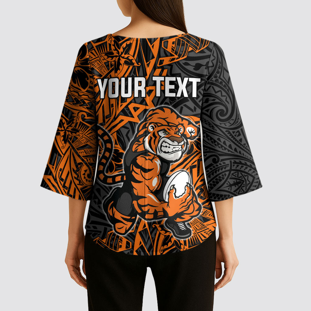 Personalized Wests Tigers Rugby Kimono Sleeve Blouse Polynesian Tribal Tiger Warrior - Orange Black Art