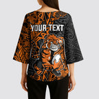 Personalized Wests Tigers Rugby Kimono Sleeve Blouse Polynesian Tribal Tiger Warrior - Orange Black Art