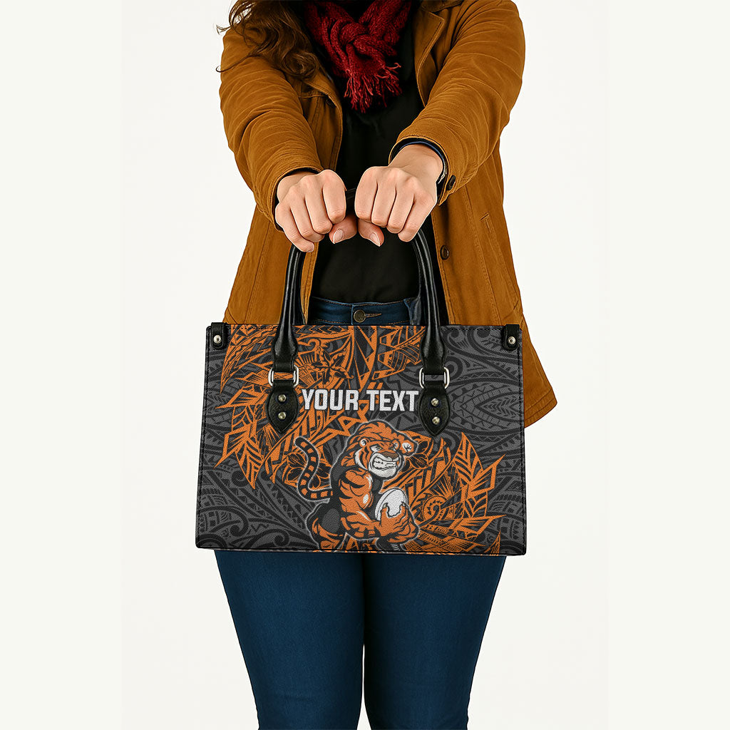Personalized Wests Tigers Rugby Leather Bag Polynesian Tribal Tiger Warrior - Orange Black Art