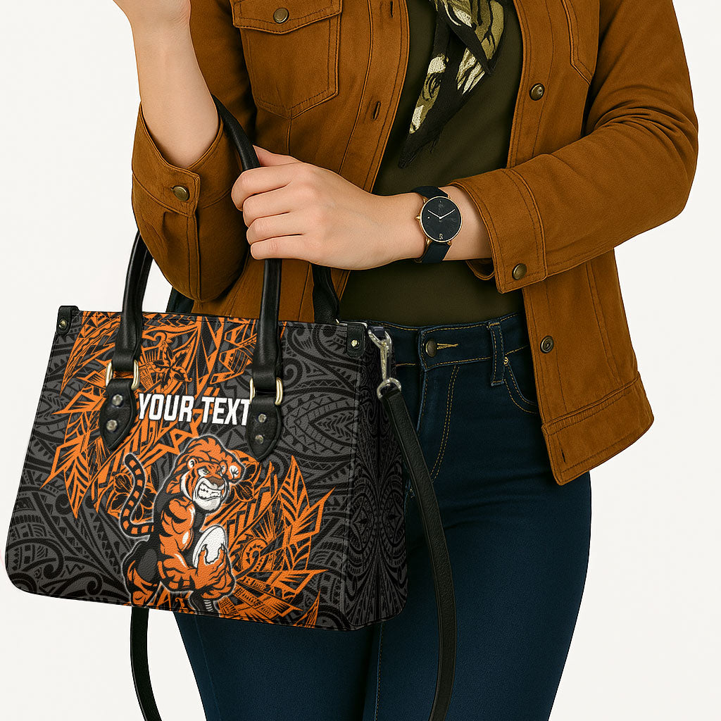 Personalized Wests Tigers Rugby Leather Bag Polynesian Tribal Tiger Warrior - Orange Black Art