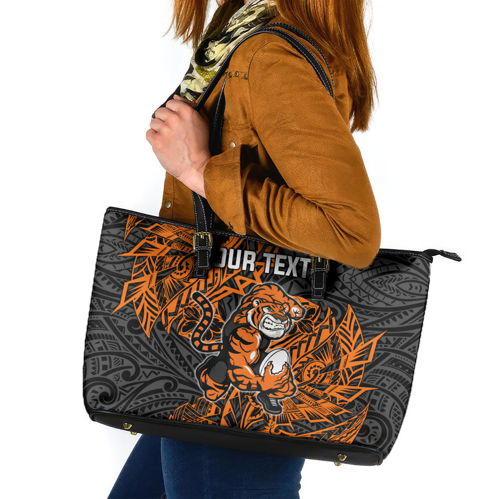 Personalized Wests Tigers Rugby Leather Tote Bag Polynesian Tribal Tiger Warrior - Orange Black Art