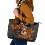 Personalized Wests Tigers Rugby Leather Tote Bag Polynesian Tribal Tiger Warrior - Orange Black Art