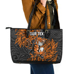 Personalized Wests Tigers Rugby Leather Tote Bag Polynesian Tribal Tiger Warrior - Orange Black Art