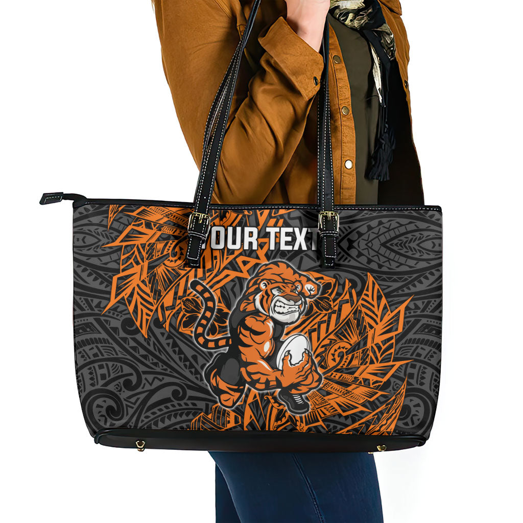 Personalized Wests Tigers Rugby Leather Tote Bag Polynesian Tribal Tiger Warrior - Orange Black Art