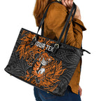 Personalized Wests Tigers Rugby Leather Tote Bag Polynesian Tribal Tiger Warrior - Orange Black Art