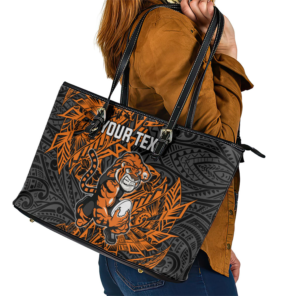 Personalized Wests Tigers Rugby Leather Tote Bag Polynesian Tribal Tiger Warrior - Orange Black Art