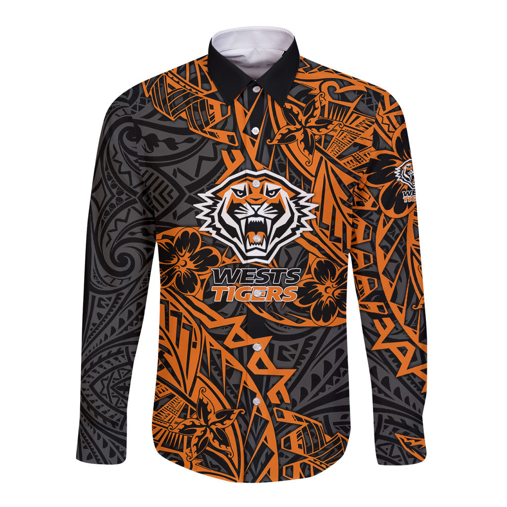 Personalized Wests Tigers Rugby Long Sleeve Button Shirt Polynesian Tribal Tiger Warrior - Orange Black Art