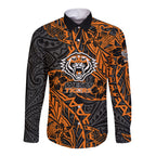 Personalized Wests Tigers Rugby Long Sleeve Button Shirt Polynesian Tribal Tiger Warrior - Orange Black Art