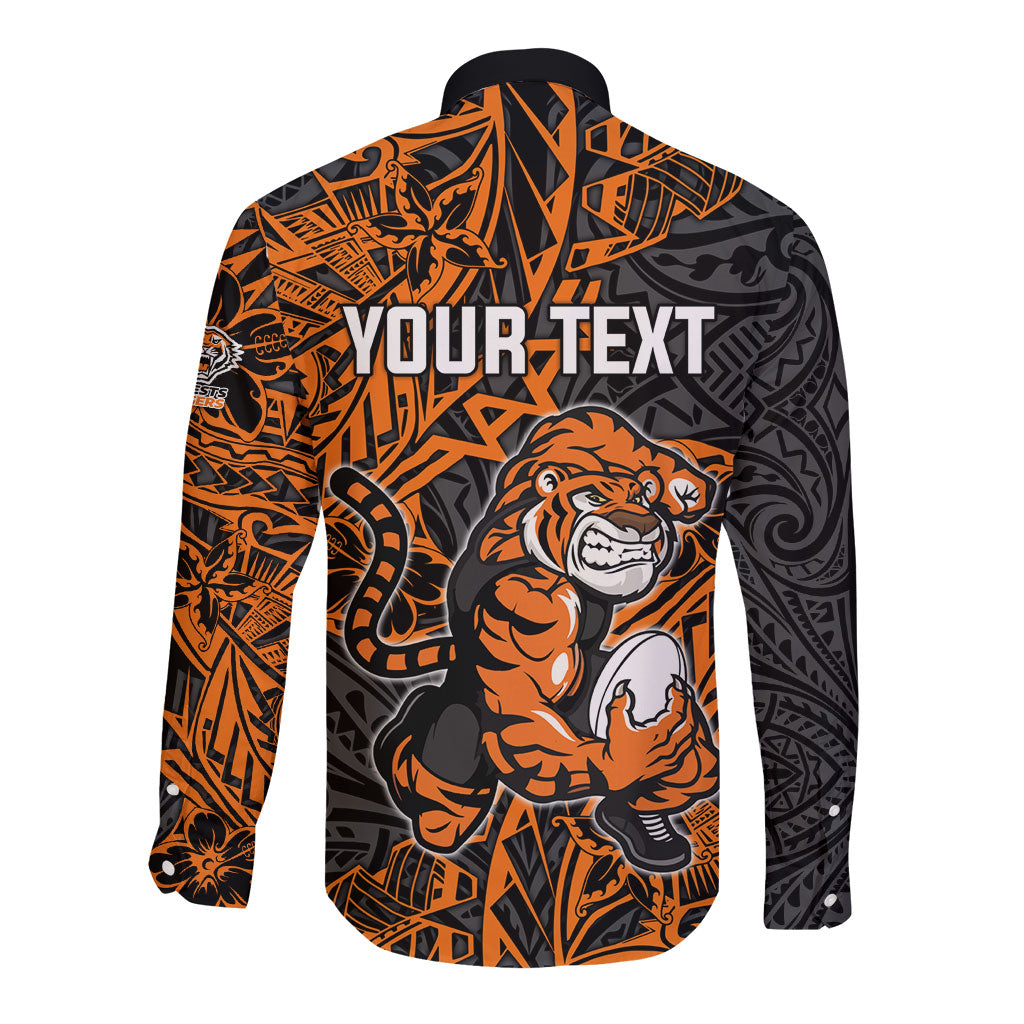 Personalized Wests Tigers Rugby Long Sleeve Button Shirt Polynesian Tribal Tiger Warrior - Orange Black Art
