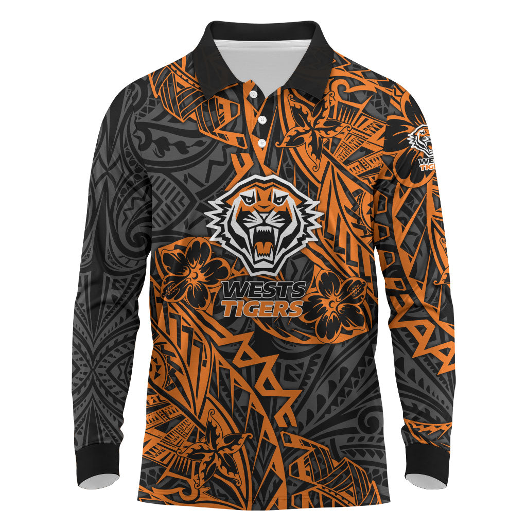 Personalized Wests Tigers Rugby Long Sleeve Polo Shirt Polynesian Tribal Tiger Warrior - Orange Black Art