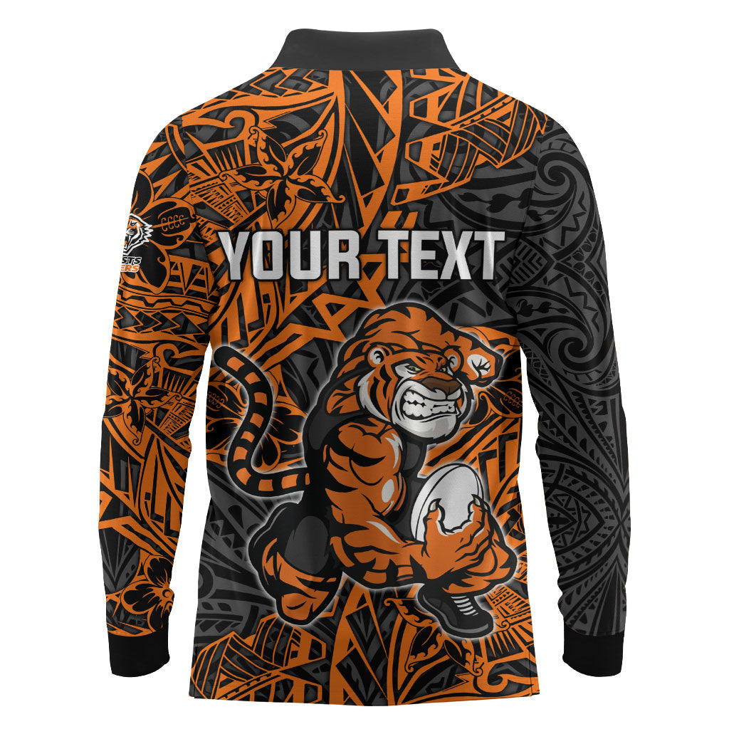 Personalized Wests Tigers Rugby Long Sleeve Polo Shirt Polynesian Tribal Tiger Warrior - Orange Black Art