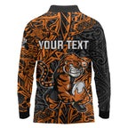 Personalized Wests Tigers Rugby Long Sleeve Polo Shirt Polynesian Tribal Tiger Warrior - Orange Black Art
