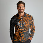 Personalized Wests Tigers Rugby Long Sleeve Polo Shirt Polynesian Tribal Tiger Warrior - Orange Black Art