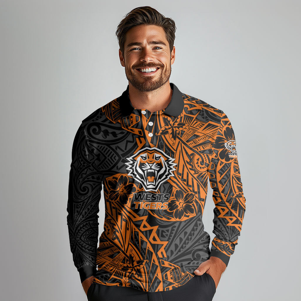 Personalized Wests Tigers Rugby Long Sleeve Polo Shirt Polynesian Tribal Tiger Warrior - Orange Black Art