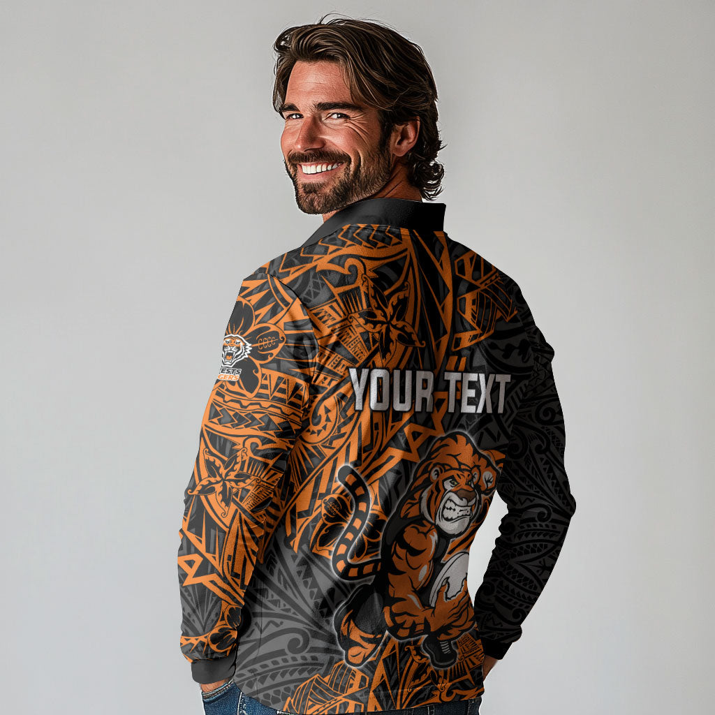 Personalized Wests Tigers Rugby Long Sleeve Polo Shirt Polynesian Tribal Tiger Warrior - Orange Black Art