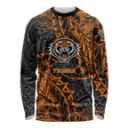 Personalized Wests Tigers Rugby Long Sleeve Shirt Polynesian Tribal Tiger Warrior - Orange Black Art