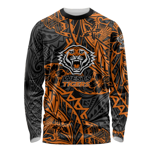 Personalized Wests Tigers Rugby Long Sleeve Shirt Polynesian Tribal Tiger Warrior - Orange Black Art