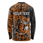 Personalized Wests Tigers Rugby Long Sleeve Shirt Polynesian Tribal Tiger Warrior - Orange Black Art