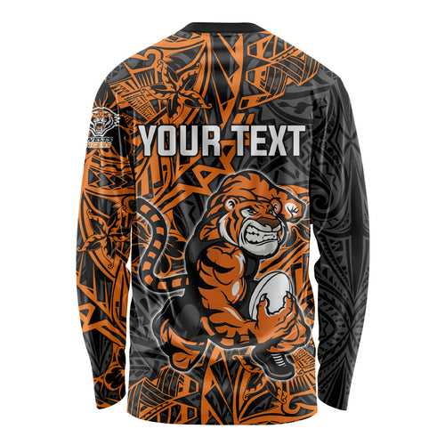 Personalized Wests Tigers Rugby Long Sleeve Shirt Polynesian Tribal Tiger Warrior - Orange Black Art