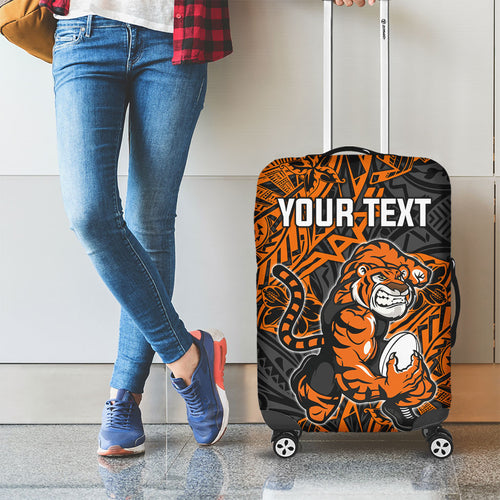 Personalized Wests Tigers Rugby Luggage Cover Polynesian Tribal Tiger Warrior - Orange Black Art
