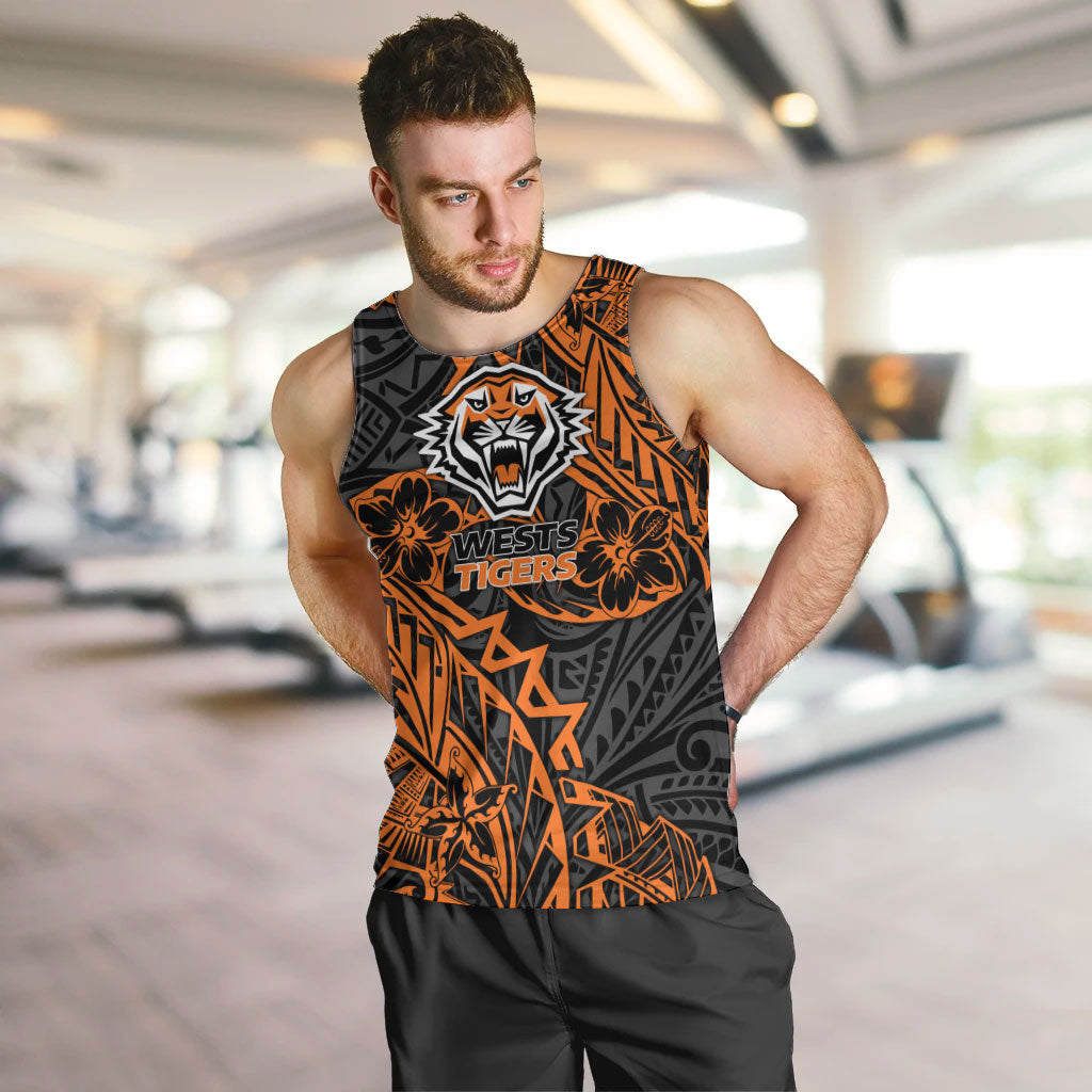 Personalized Wests Tigers Rugby Men Tank Top Polynesian Tribal Tiger Warrior - Orange Black Art