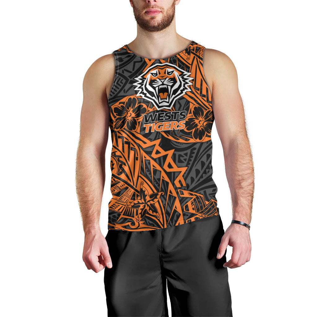 Personalized Wests Tigers Rugby Men Tank Top Polynesian Tribal Tiger Warrior - Orange Black Art