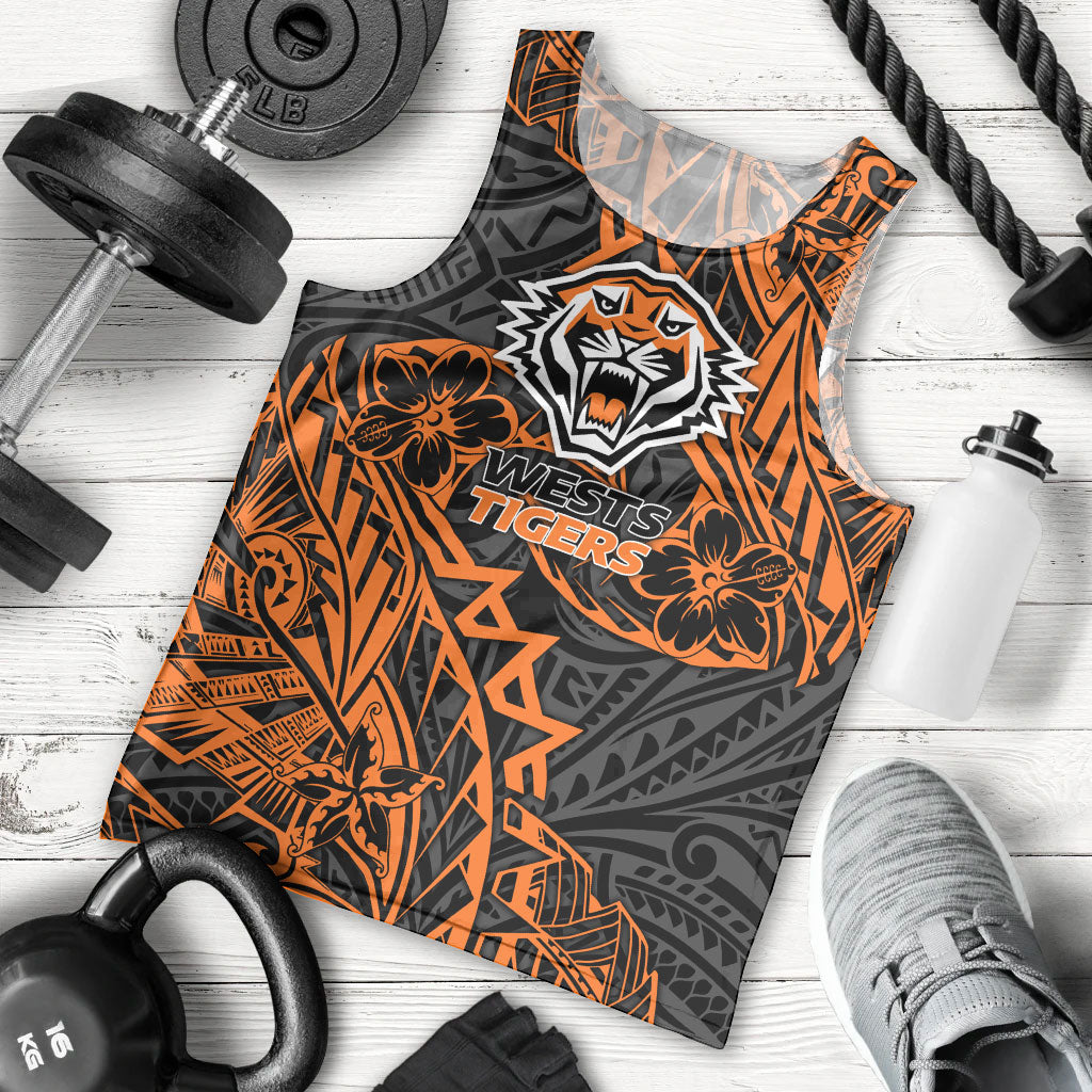 Personalized Wests Tigers Rugby Men Tank Top Polynesian Tribal Tiger Warrior - Orange Black Art
