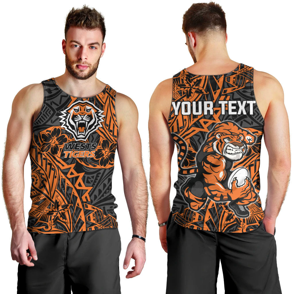 Personalized Wests Tigers Rugby Men Tank Top Polynesian Tribal Tiger Warrior - Orange Black Art