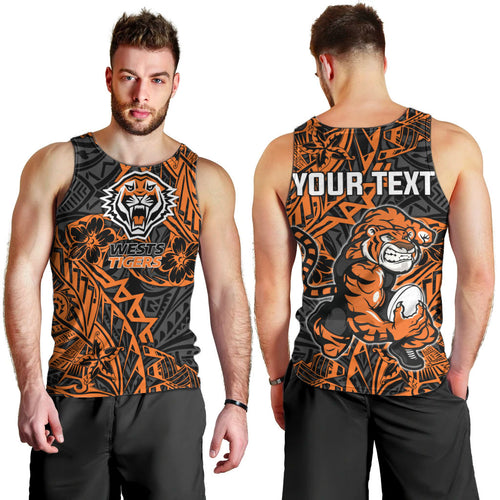 Personalized Wests Tigers Rugby Men Tank Top Polynesian Tribal Tiger Warrior - Orange Black Art