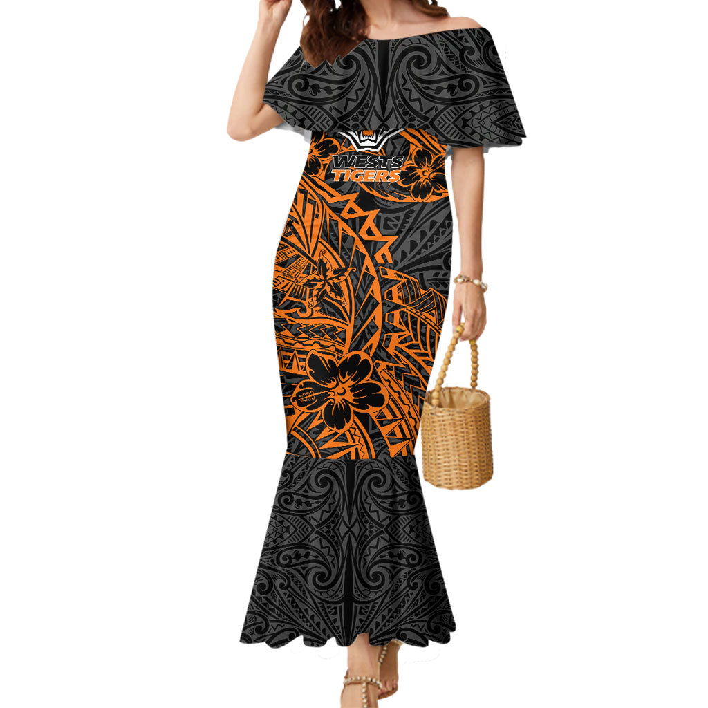 Personalized Wests Tigers Rugby Mermaid Dress Polynesian Tribal Tiger Warrior - Orange Black Art