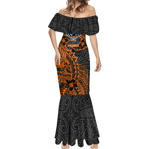 Personalized Wests Tigers Rugby Mermaid Dress Polynesian Tribal Tiger Warrior - Orange Black Art