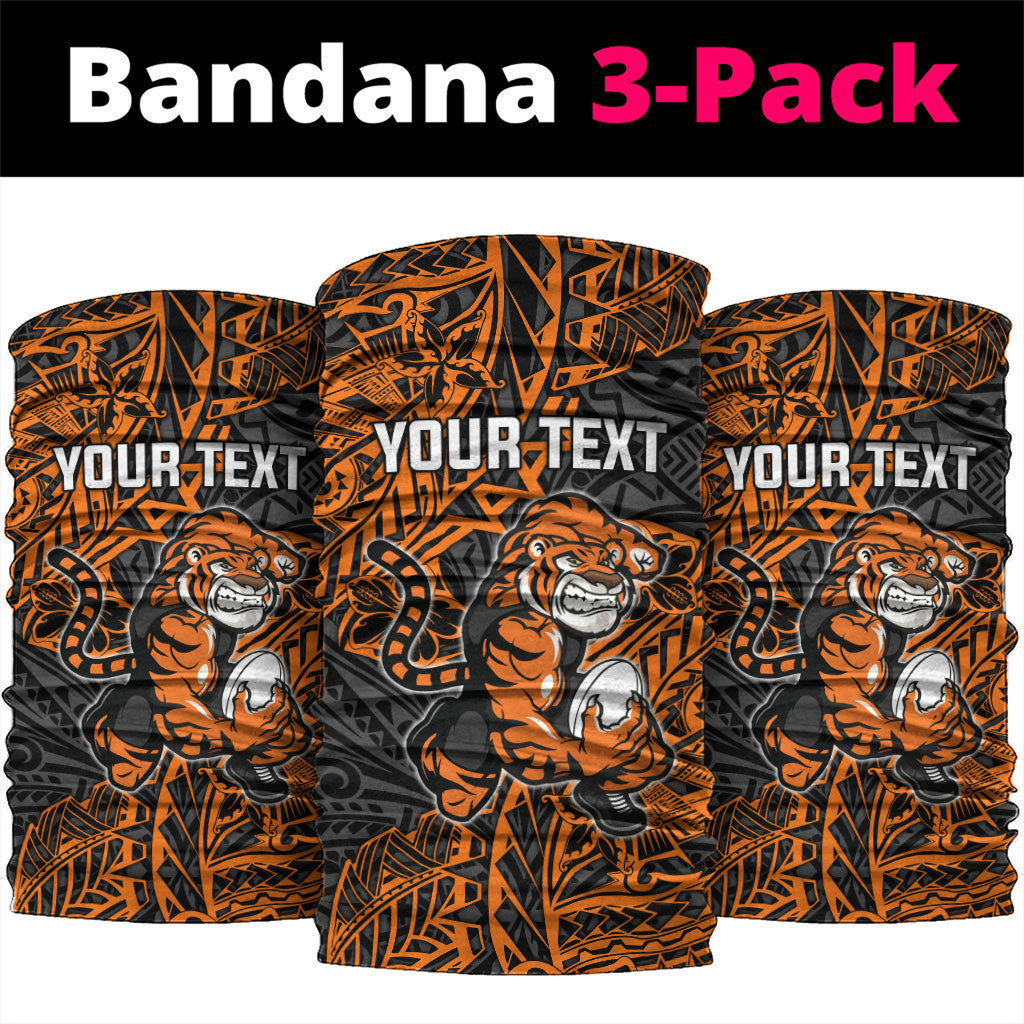 Personalized Wests Tigers Rugby Neck Gaiter Polynesian Tribal Tiger Warrior - Orange Black Art