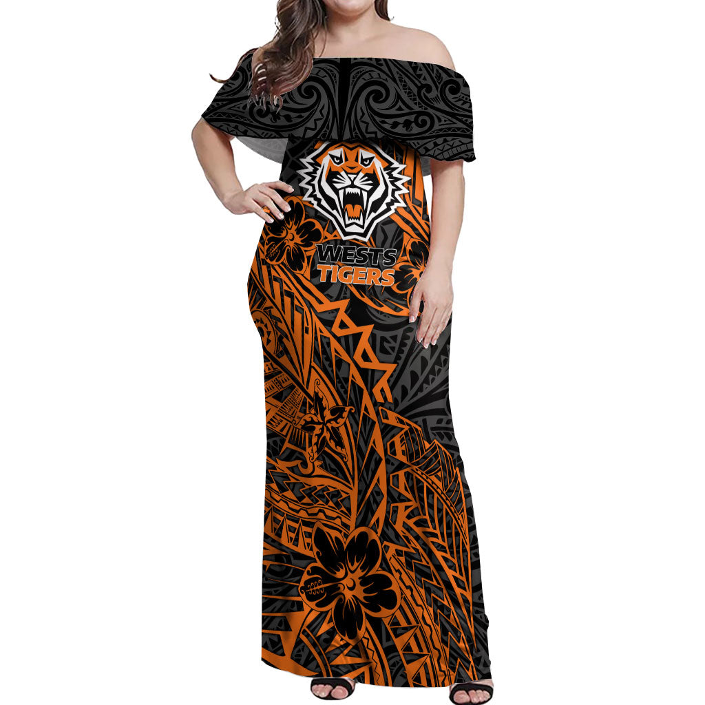Personalized Wests Tigers Rugby Off Shoulder Maxi Dress Polynesian Tribal Tiger Warrior - Orange Black Art