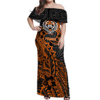 Personalized Wests Tigers Rugby Off Shoulder Maxi Dress Polynesian Tribal Tiger Warrior - Orange Black Art