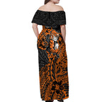 Personalized Wests Tigers Rugby Off Shoulder Maxi Dress Polynesian Tribal Tiger Warrior - Orange Black Art